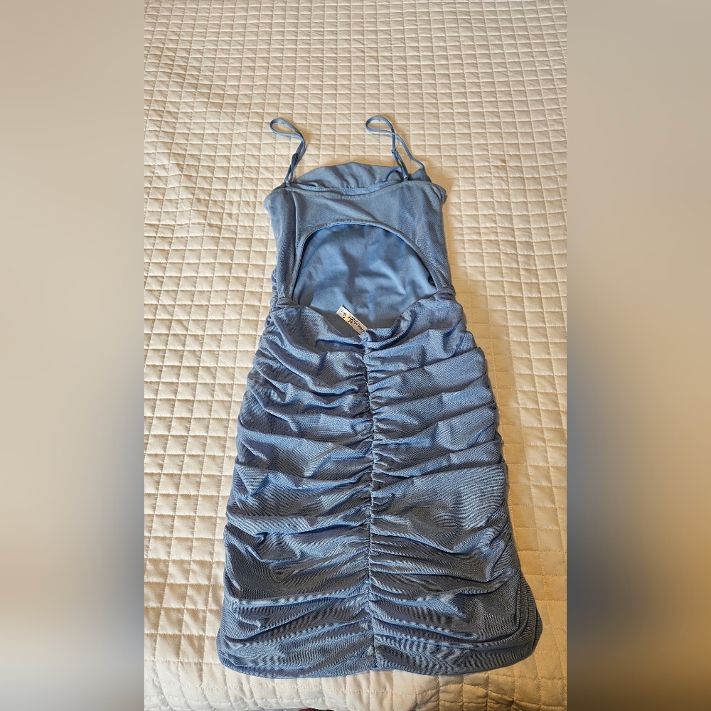 Lucy in the Sky Light Blue Ruched Mini Dress - Picture 3 of 4